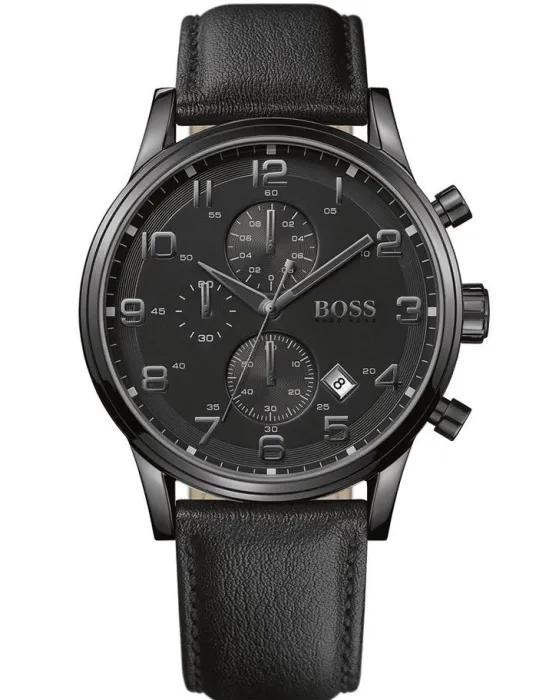 Ανδρικό ρολόι Hugo Boss Aeroliner Chronograph 1512567, Μαύρο καντράν, Λουρί από Δερμάτινο