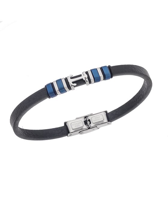 Βραχιόλι Selena Men's Steel, Black Leather Strap With Silver Anchor SSD5768SBL