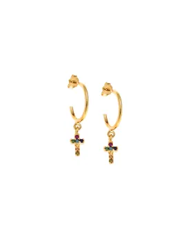 Σκουλαρίκια Κρίκοι Selena επιχρυσωμένο ασήμι 925, σταυρουδάκι με πολύχρωμα ζιργκόν SSR2479GMUKR