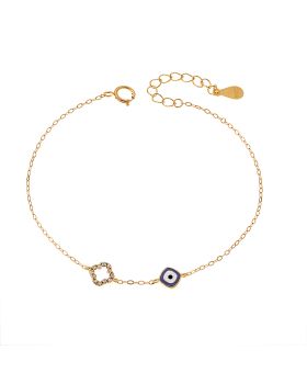 Βραχιόλι Selena Gold Plated Silver 925, Ματάκι μπλε με σμάλτο και σταυρό με ζιργκόν SSR3044GBL