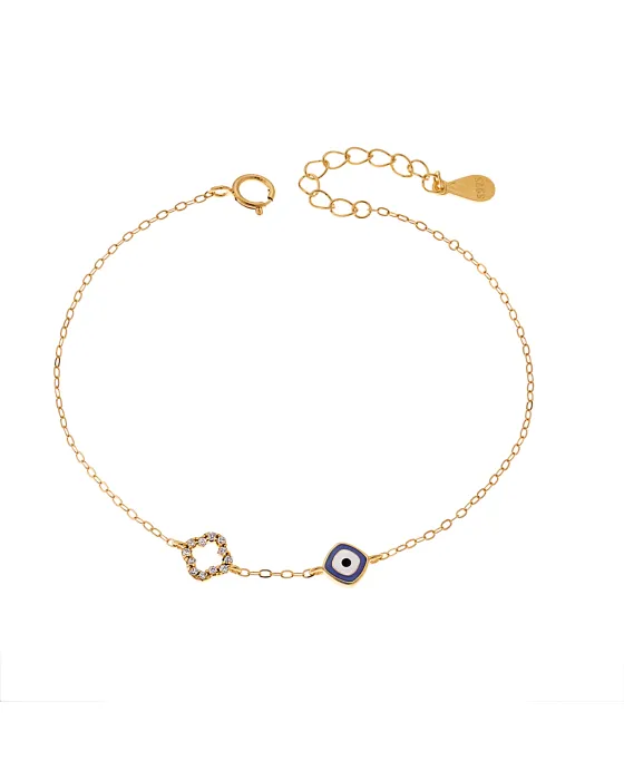 Βραχιόλι Selena Gold Plated Silver 925, Ματάκι μπλε με σμάλτο και σταυρό με ζιργκόν SSR3044GBL