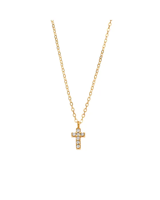 Κολιέ Selena επιχρυσωμένο ασήμι 925, σταυρουδάκι διπλής όψης με φούξια και λευκά ζιργκόν SSR3087GF - 