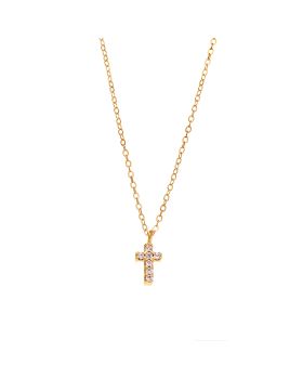 Κολιέ Selena επιχρυσωμένο ασήμι 925, σταυρουδάκι διπλής όψης με ροζ και λευκά ζιργκόν SSR3087GPK