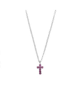 Κολιέ Selena ασήμι 925, σταυρουδάκι διπλής όψης με φούξια και λευκά ζιργκόν SSR3087SF