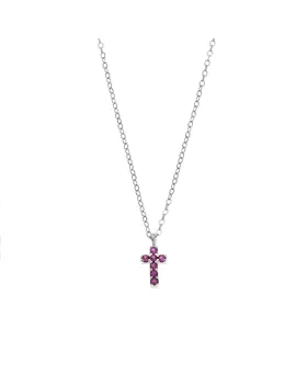 Κολιέ Selena ασήμι 925, σταυρουδάκι διπλής όψης με φούξια και λευκά ζιργκόν SSR3087SF