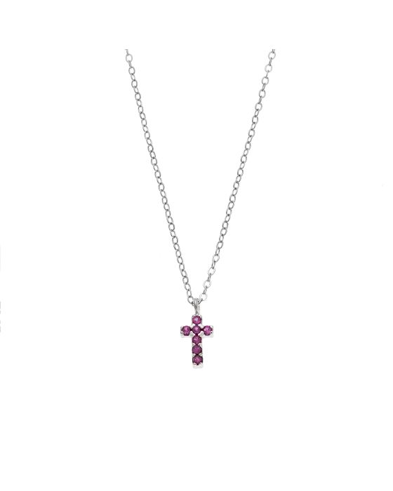 Κολιέ Selena ασήμι 925, σταυρουδάκι διπλής όψης με φούξια και λευκά ζιργκόν SSR3087SF