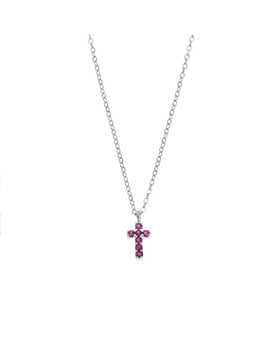 Κολιέ Selena ασήμι 925, σταυρουδάκι διπλής όψης με φούξια και λευκά ζιργκόν SSR3087SF