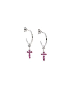 Σκουλαρίκια Κρίκοι Selena ασήμι 925, σταυρουδάκι διπλής όψης με φούξια και λευκά ζιργκόν SSR3087SFKR