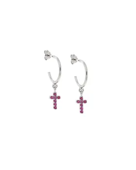 Σκουλαρίκια Κρίκοι Selena ασήμι 925, σταυρουδάκι διπλής όψης με φούξια και λευκά ζιργκόν SSR3087SFKR