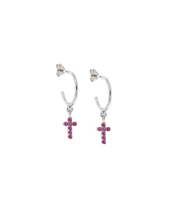 Σκουλαρίκια Κρίκοι Selena ασήμι 925, σταυρουδάκι διπλής όψης με φούξια και λευκά ζιργκόν SSR3087SFKR