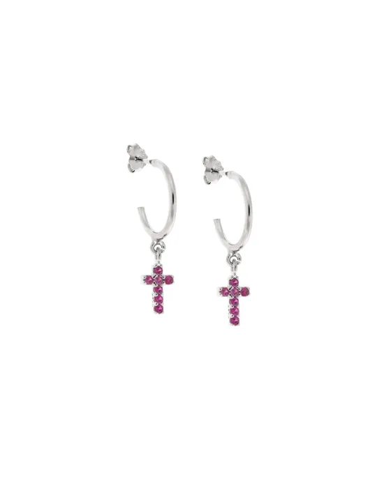 Σκουλαρίκια Κρίκοι Selena ασήμι 925, σταυρουδάκι διπλής όψης με φούξια και λευκά ζιργκόν SSR3087SFKR