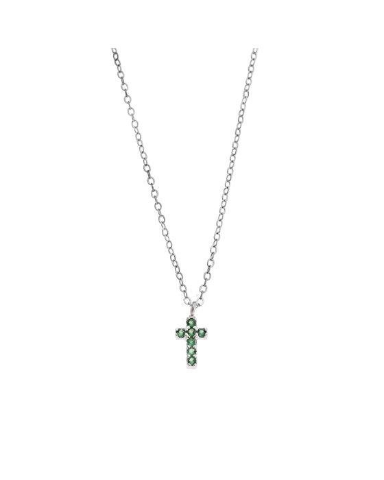 Κολιέ Selena ασήμι 925, σταυρουδάκι διπλής όψης με πράσινα και λευκά ζιργκόν SSR3087SGN