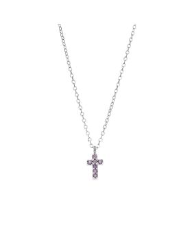 Κολιέ Selena ασήμι 925, σταυρουδάκι διπλής όψης με μωβ και λευκά ζιργκόν SSR3087SPE