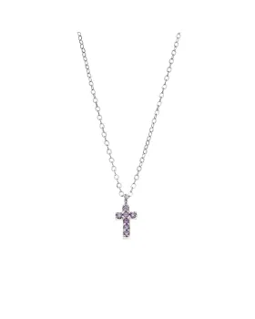 Κολιέ Selena ασήμι 925, σταυρουδάκι διπλής όψης με μωβ και λευκά ζιργκόν SSR3087SPE