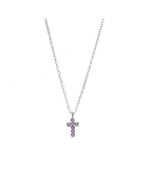 Κολιέ Selena ασήμι 925, σταυρουδάκι διπλής όψης με μωβ και λευκά ζιργκόν SSR3087SPE