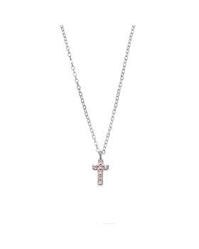 Κολιέ Selena ασήμι 925, σταυρουδάκι διπλής όψης με ροζ και λευκά ζιργκόν SSR3087SPK