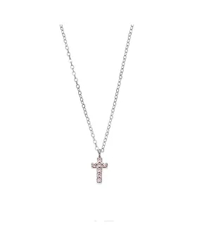 Κολιέ Selena ασήμι 925, σταυρουδάκι διπλής όψης με ροζ και λευκά ζιργκόν SSR3087SPK