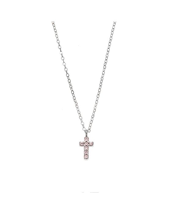 Κολιέ Selena ασήμι 925, σταυρουδάκι διπλής όψης με ροζ και λευκά ζιργκόν SSR3087SPK