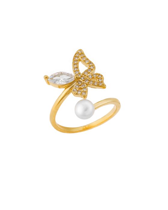 Δαχτυλίδι Selena κίτρινο επιχρυσωμένο ασήμι 925, πεταλούδα με λευκά ζιργκόν και πέρλα SSR3230GD