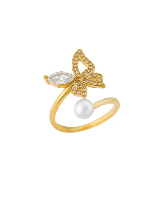 Δαχτυλίδι Selena κίτρινο επιχρυσωμένο ασήμι 925, πεταλούδα με λευκά ζιργκόν και πέρλα SSR3230GD
