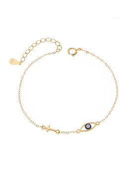Βραχιόλι Selena Silver 925 Gold Plated, Μάτι με σμάλτο και σταυρουδάκι SSR3304GD