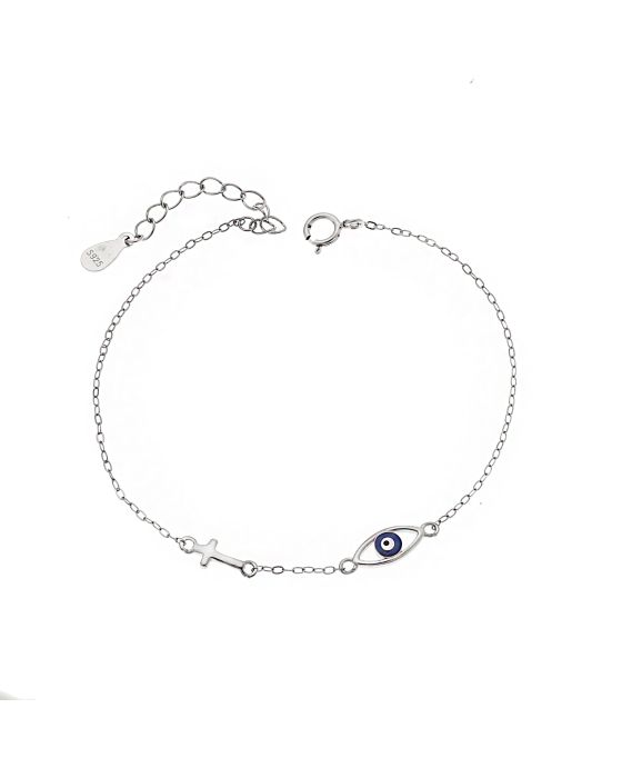 Βραχιόλι Selena Silver 925, Μάτι με σμάλτο και σταυρουδάκι SSR3304SR