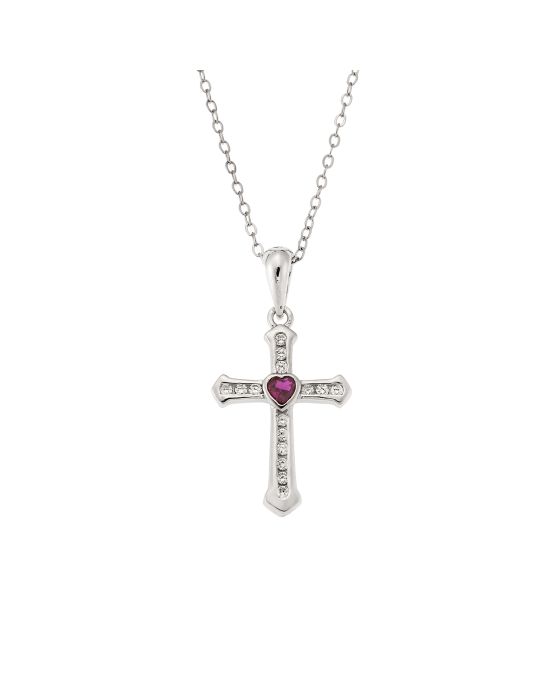 Μοτίφ Selena από ασήμι 925, σταυρουδάκι με φούξια καρδούλα και λευκά ζιργκόν SSR3363SF