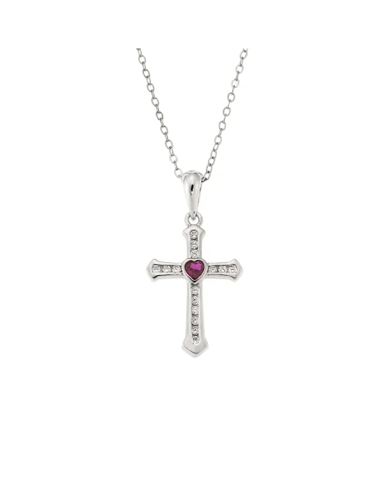Μοτίφ Selena από ασήμι 925, σταυρουδάκι με φούξια καρδούλα και λευκά ζιργκόν SSR3363SF