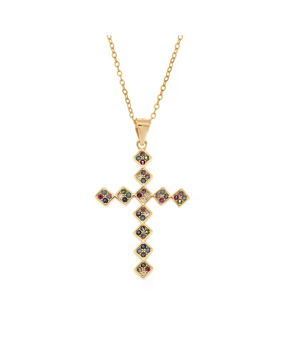 Μοτίφ Selena από επιχρυσωμένο ασήμι 925, σταυρός με πολύχρωμα ζιργκόν SSR3368GMU