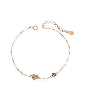 Βραχιόλι Selena Silver 925 Gold Plated, Μάτι με μπλε σμάλτο και καρδιά με ζιργκόν SSR3723GBL