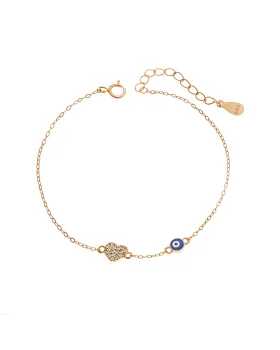 Βραχιόλι Selena Silver 925 Gold Plated, Μάτι με μπλε σμάλτο και καρδιά με ζιργκόν SSR3723GBL