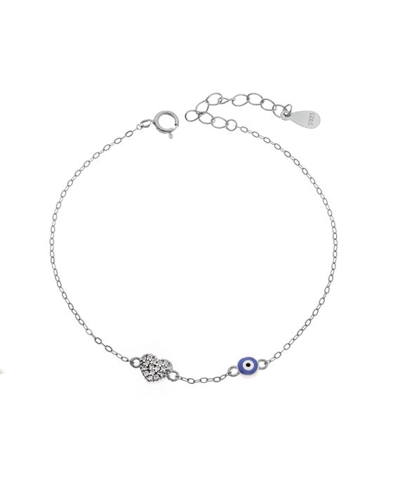 Βραχιόλι Selena Silver 925, Μάτι με μπλε σμάλτο και καρδιά με ζιργκόν SSR3723SBL