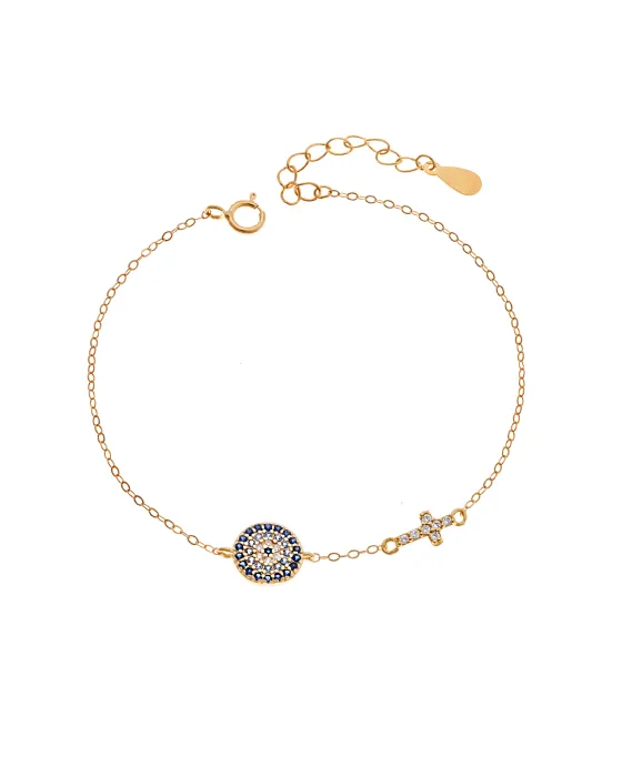 Selena Silver 925 Gold Plated Bracelet, Target Eye and Cross with Zircon SSR3724GD, Silver / Zircon, Blue / Gold / Green