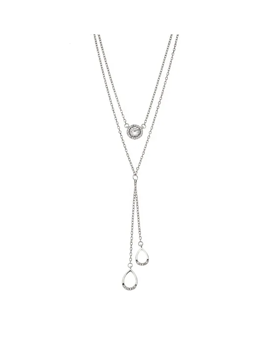 Selena necklace made of 925 silver, double chain with white zircons and hanging tears SSR3926SR, Silver / Zircon, Silver