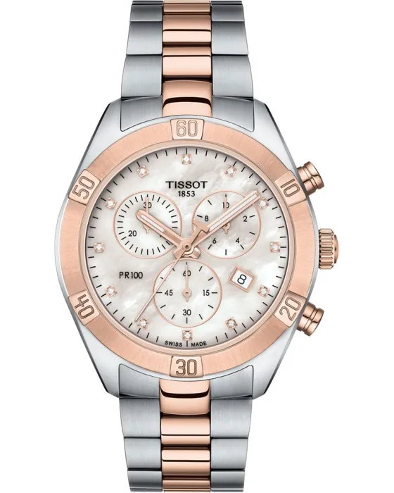 Γυναικείο ρολόι Tissot PR100 Sport Chic Chronograph T1019172211600, Λευκό καντράν, Μπρασελέ από Ανοξείδωτο ατσάλι