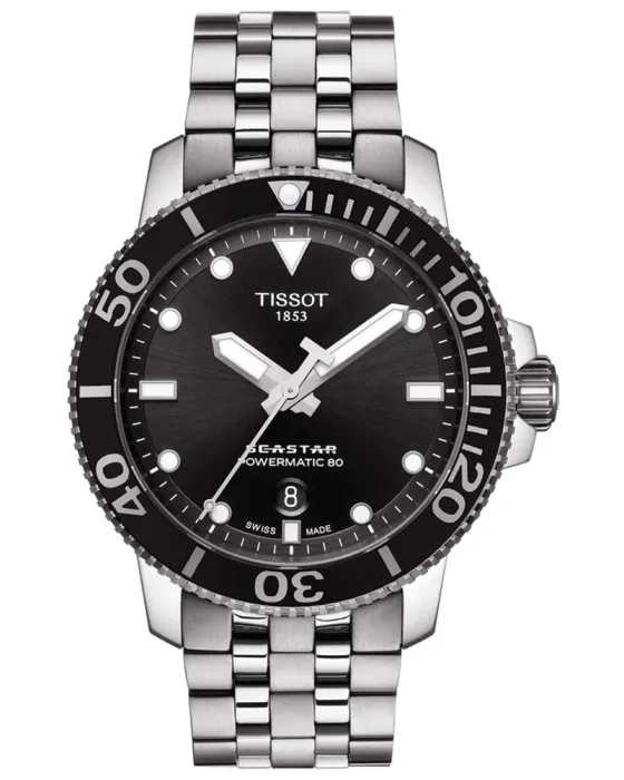 Ανδρικό ρολόι Tissot Seastar 1000 Powermatic 80 T1204071105100, Μαύρο καντράν, Μπρασελέ από Ανοξείδωτο ατσάλι