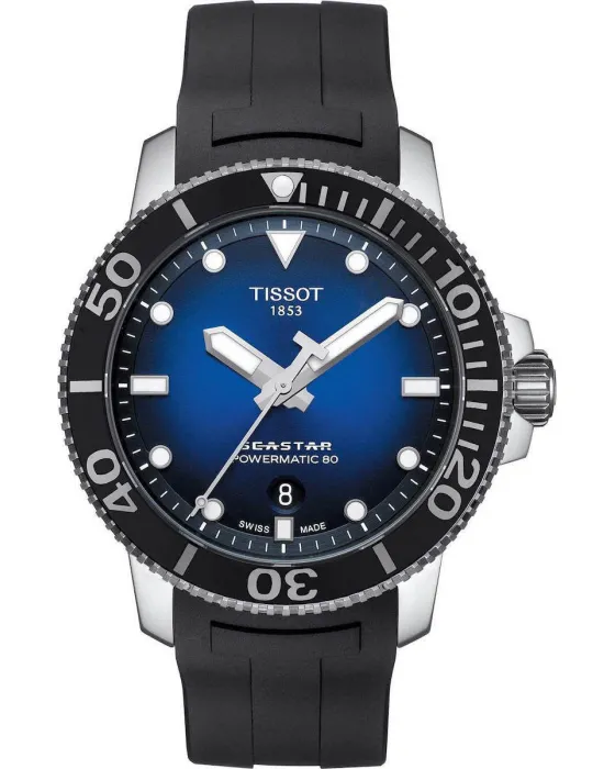 Ανδρικό ρολόι Tissot Seastar 1000 Powermatic 80 T1204071704100, Μαύρο / Μπλε καντράν, Λουρί από Καουτσούκ