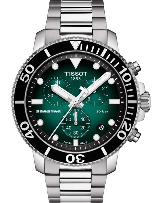 Ανδρικό ρολόι Tissot Seastar 1000 Chronograph T1204171109101, Πράσινο καντράν, Μπρασελέ από Ανοξείδωτο ατσάλι