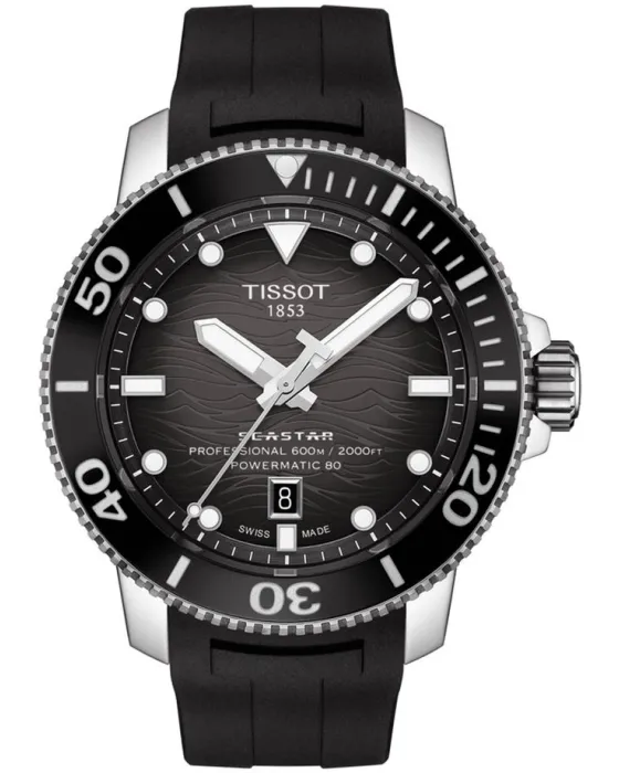 Ανδρικό ρολόι Tissot Seastar 2000 Powermatic 80 T1206071744100, Μαύρο καντράν, Λουρί από Δερμάτινο