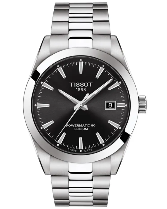 Ανδρικό ρολόι Tissot Gentleman Powermatic 80 Silicium T1274071105100, Μαύρο καντράν, Μπρασελέ από Ανοξείδωτο ατσάλι