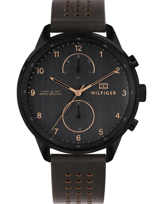 Ανδρικό ρολόι Tommy Hilfiger Chase 1791577, Μαύρο καντράν, Λουρί από Δερμάτινο