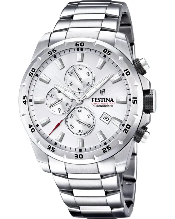 Ανδρικό ρολόι Festina Chronograph F20463 / 1, Λευκό καντράν, Μπρασελέ από Ανοξείδωτο ατσάλι