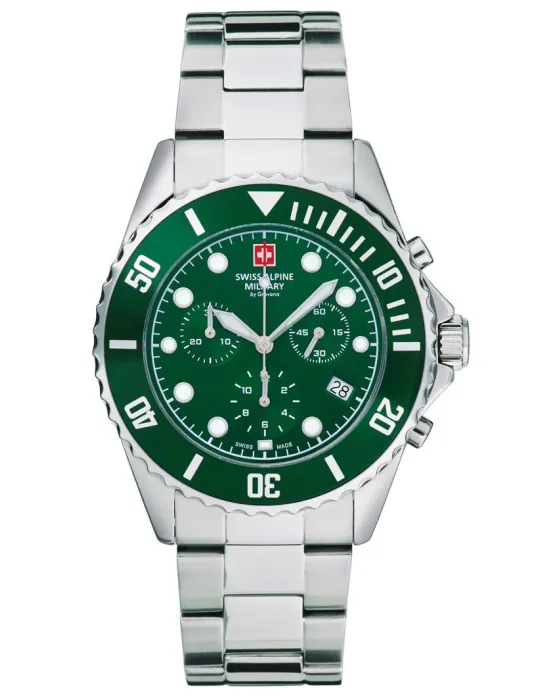 Ανδρικό ρολόι Swiss Alpine Military by Grovana Chronograph SAM7053.9134, Πράσινο καντράν, Μπρασελέ από Ανοξείδωτο ατσάλι