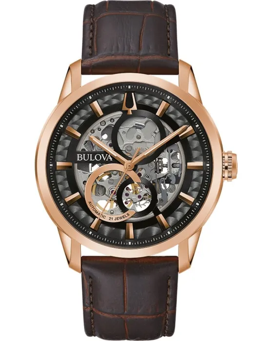 Ανδρικό ρολόι Bulova Sutton Automatic 97A169, Ανθρακί καντράν, Λουρί από Δερμάτινο