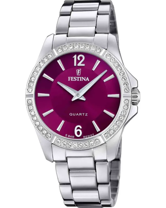 Women's watch Festina Crystals F20593 / 2, Burgundy dial, Bracelet in Stainless Steel