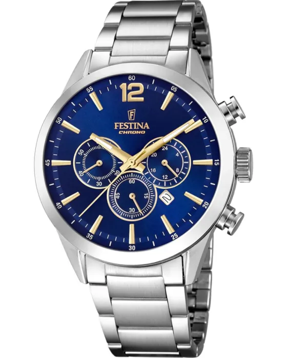 Ανδρικό ρολόι Festina Chronograph F20343/2, Μπλε καντράν, Μπρασελέ από Ανοξείδωτο ατσάλι