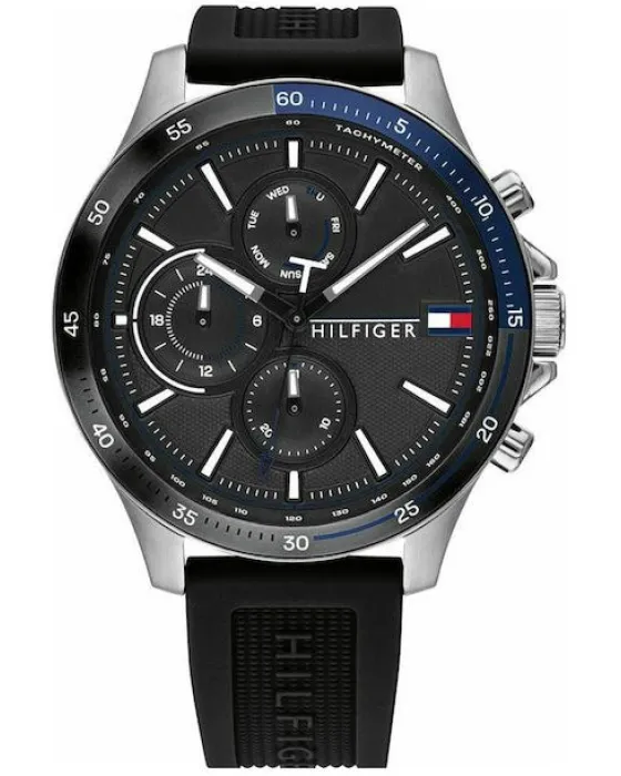Ανδρικό ρολόι Tommy Hilfiger Bank 1791724, Μαύρο καντράν, Λουρί από Καουτσούκ