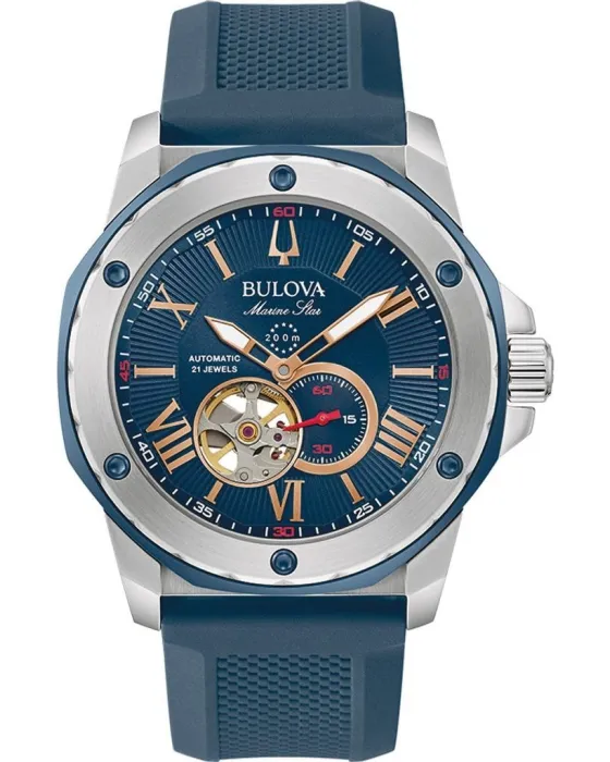 Ανδρικό ρολόι Bulova Marine Star Automatic 98A282, Μπλε καντράν, Λουρί από Καουτσούκ