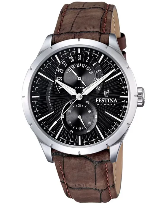 Ανδρικό ρολόι Festina F16573 / 4, Μαύρο καντράν, Λουρί από Δερμάτινο