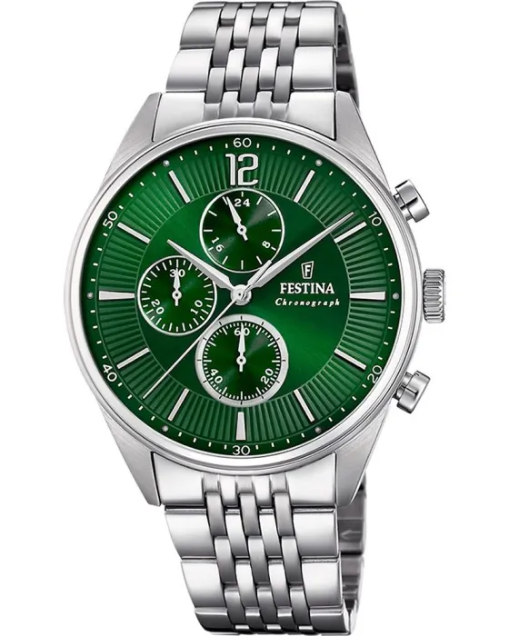 Ανδρικό ρολόι Festina Chronograph F20285 / 8, Πράσινο καντράν, Μπρασελέ από Ανοξείδωτο ατσάλι